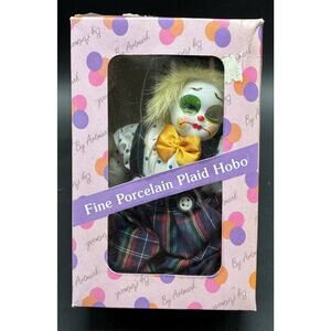 ARTMK Fine Porcelain Plaid Hobo Evil Clown Figure Blue Plaid Vintage 1992 w/ Box
